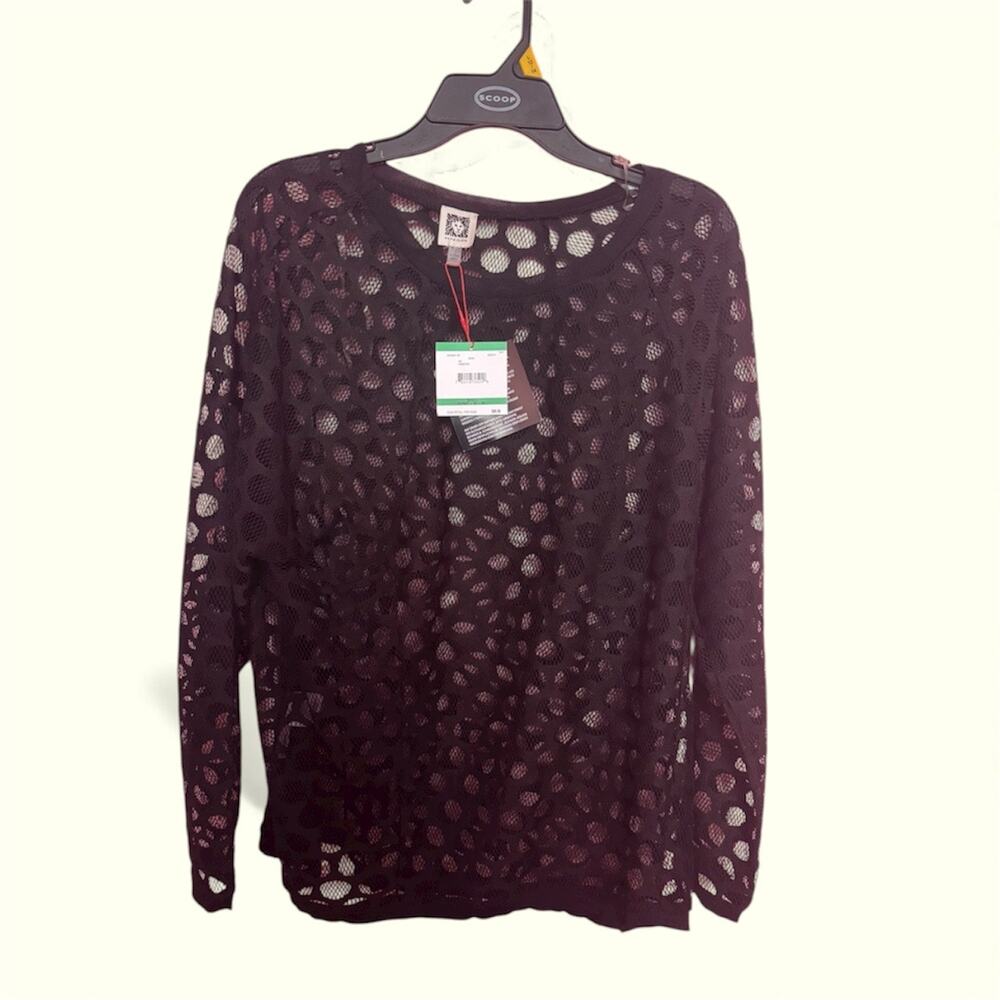 Anne Klein Long Sleeved Top Open Knit Lace Design Black Sz L NWT